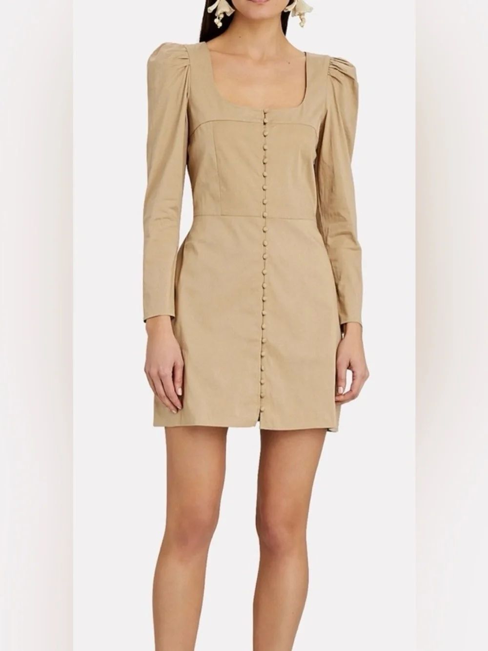 St.Roche Puff-Sleeve Tan Button-Front Mini Dress, XS